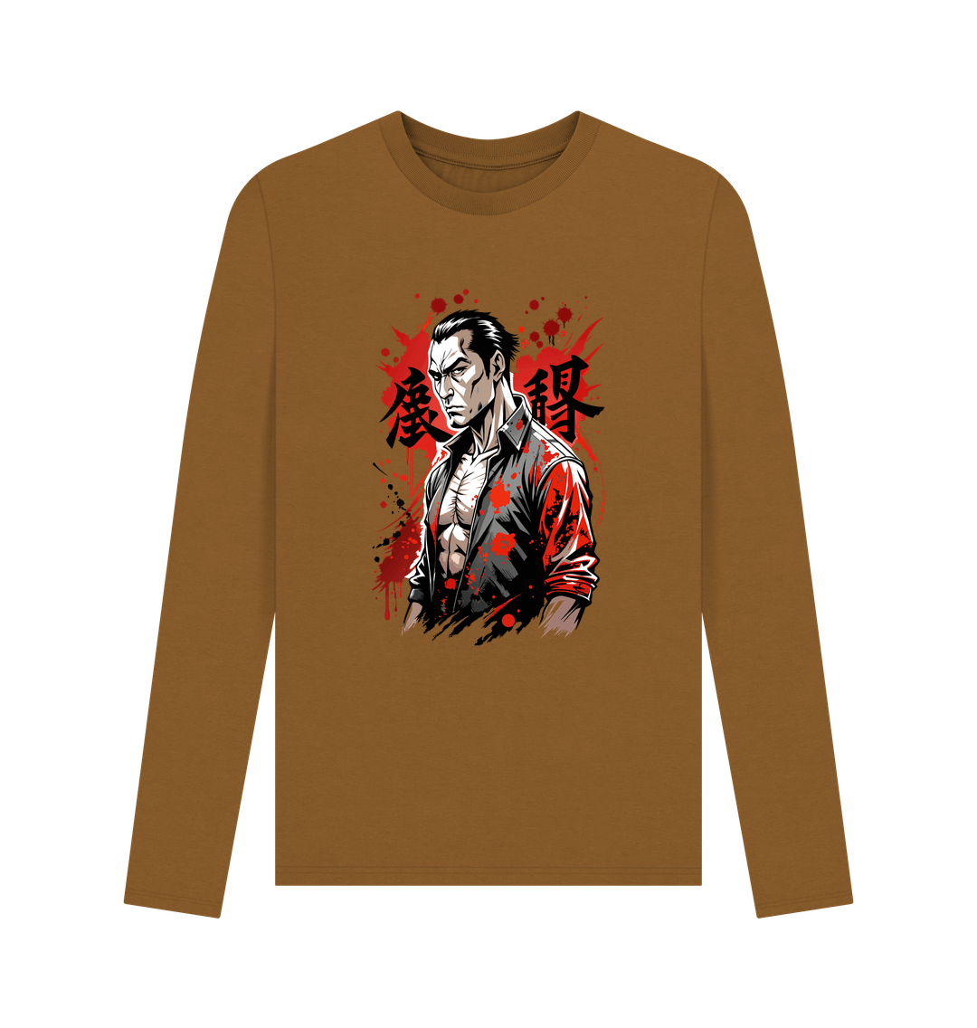 Brown long-sleeved t-shirt with graphic design