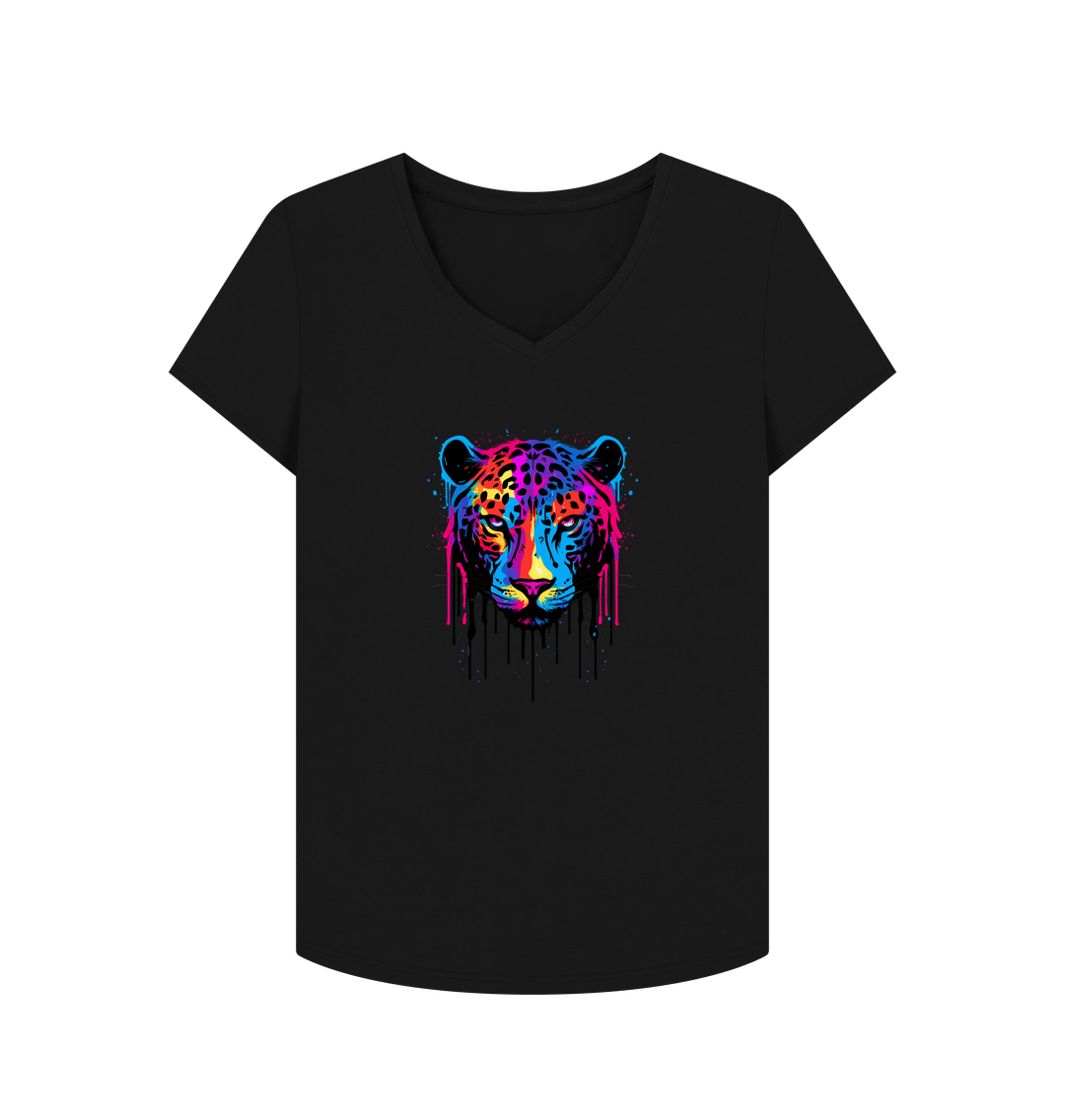 Black V-neck t-shirt with colorful leopard print
