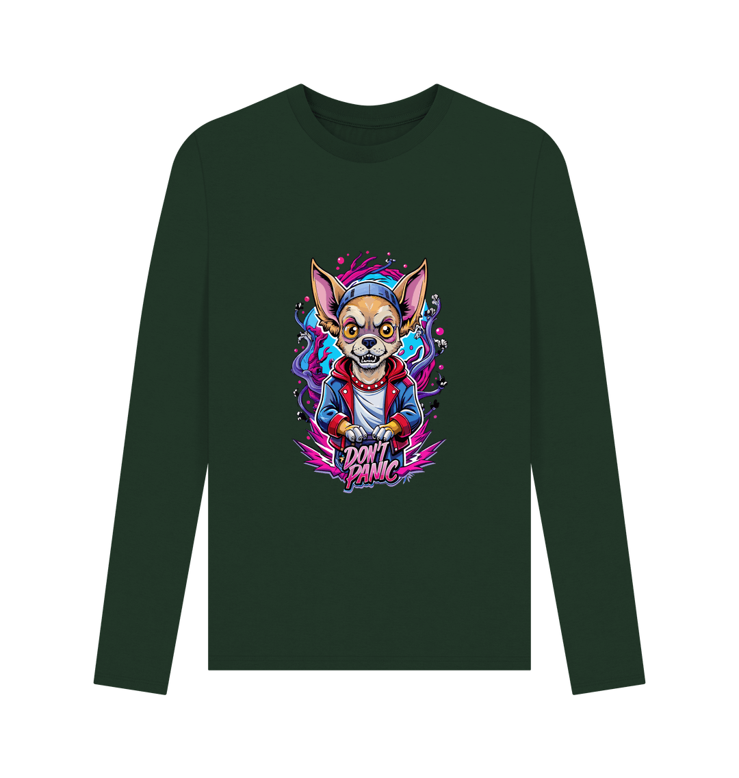 Green long-sleeved t-shirt with colorful dog graphic