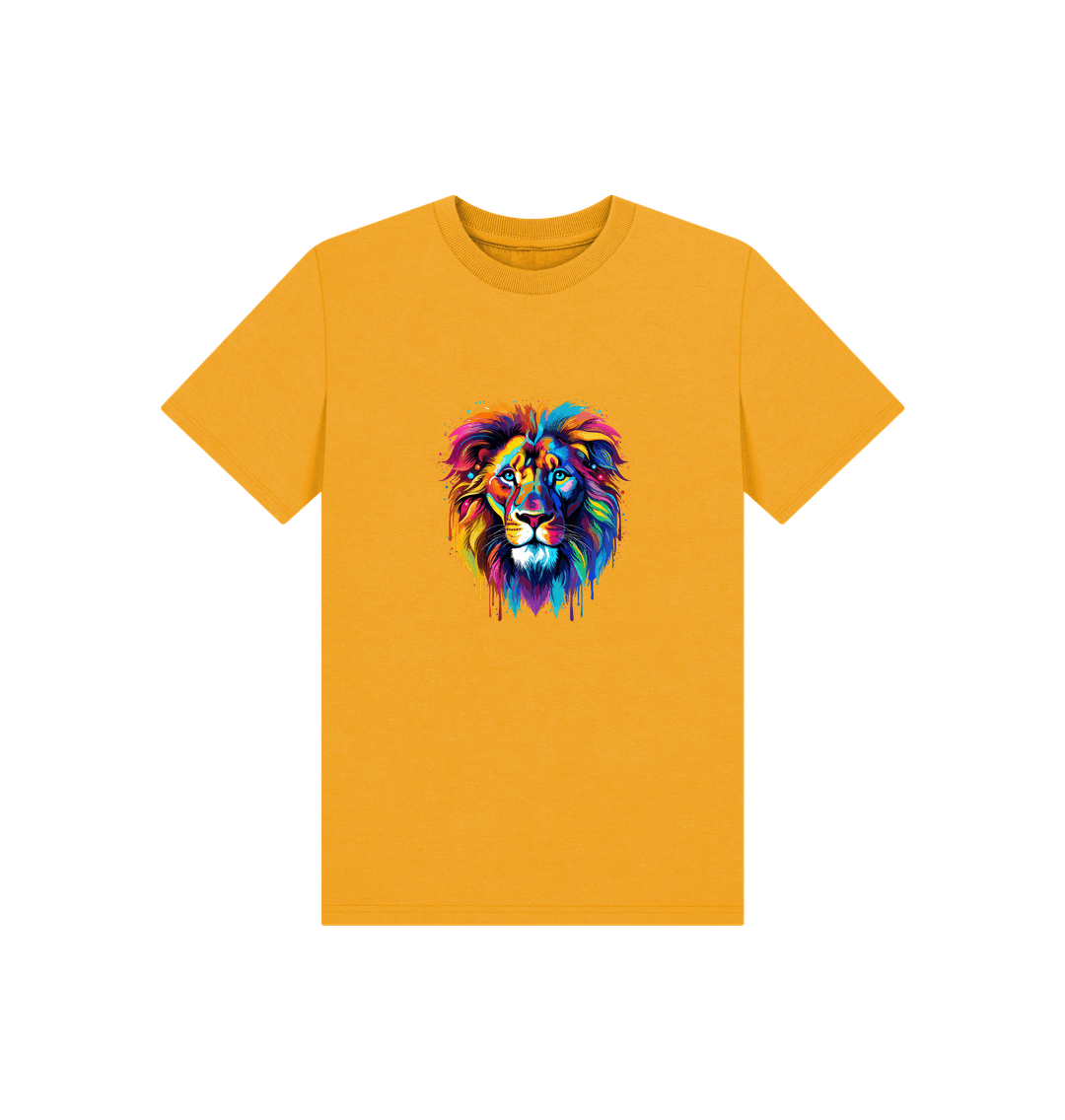 Yellow t-shirt with colorful lion graphic