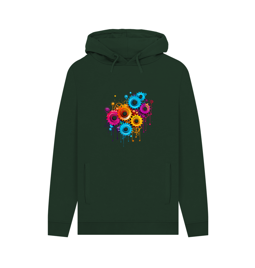 Dark green hoodie with colorful gear design