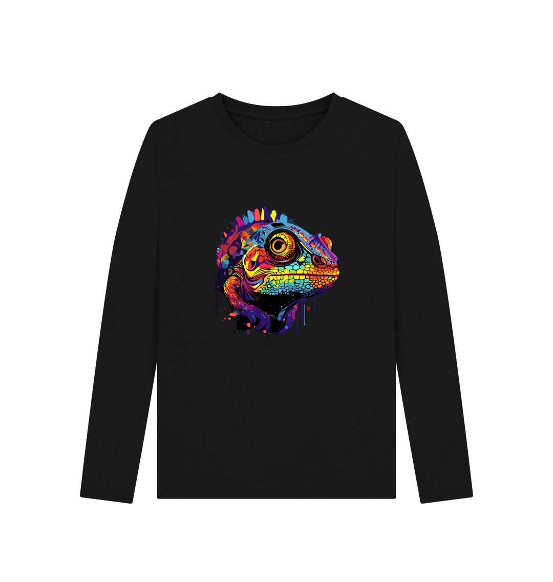 Colorful chameleon design on black long-sleeve shirt