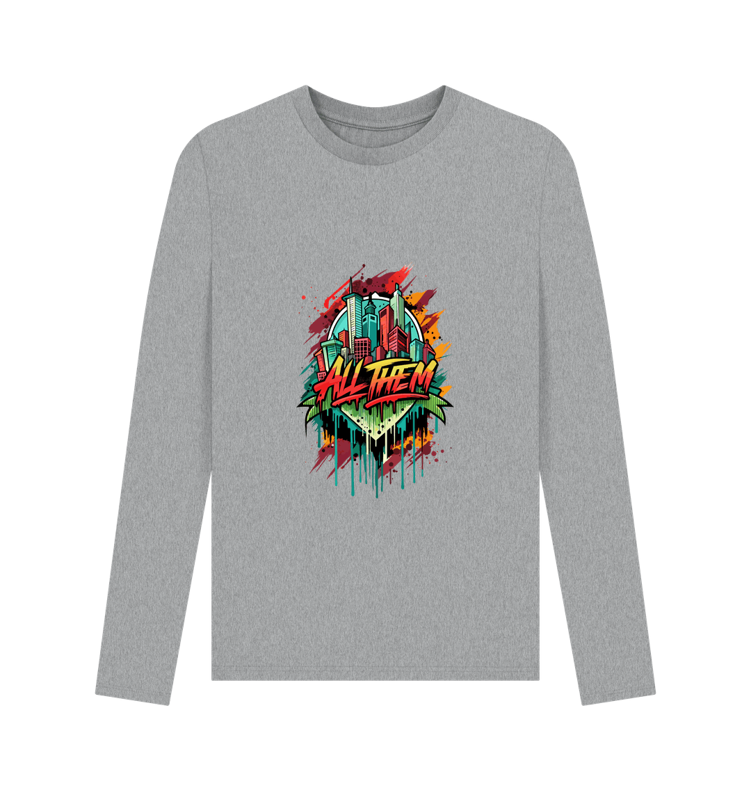 Gray long-sleeved t-shirt with colorful city graphic