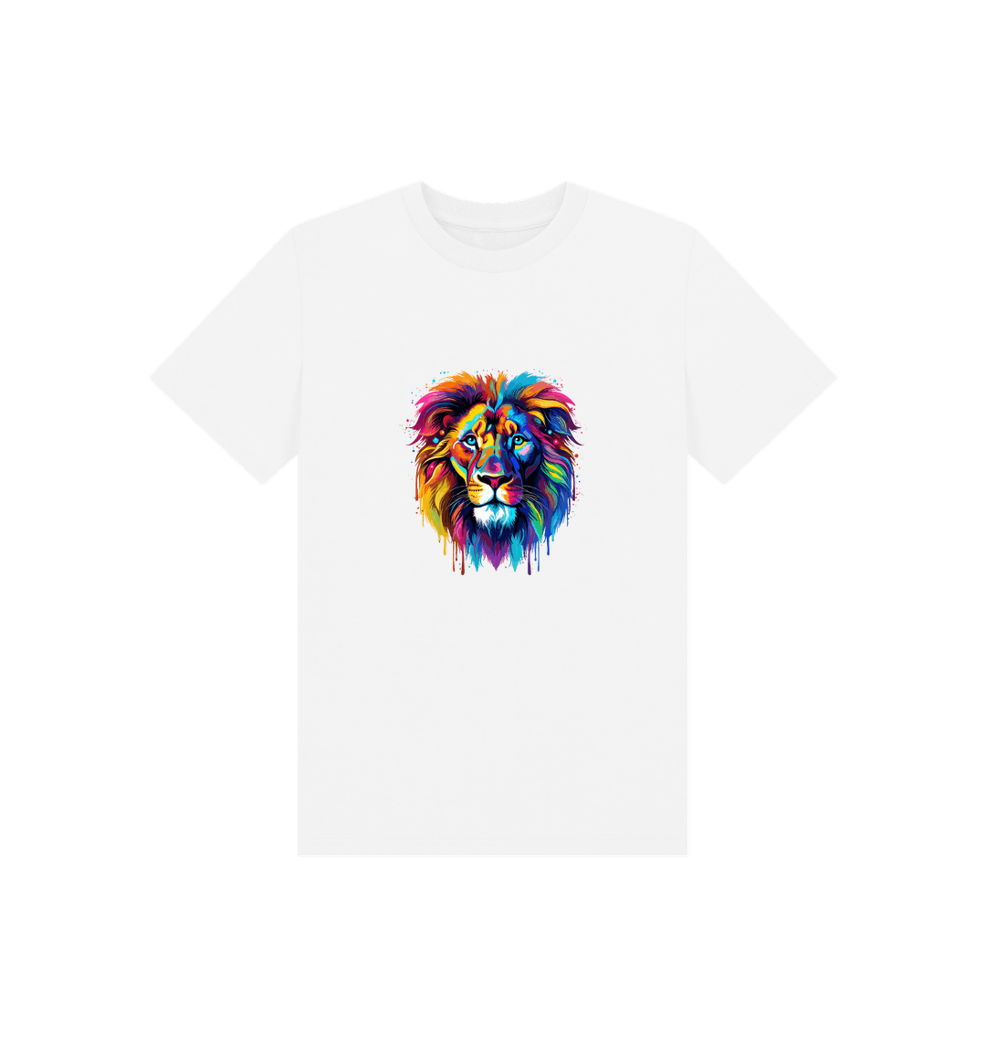 White t-shirt with colorful lion graphic