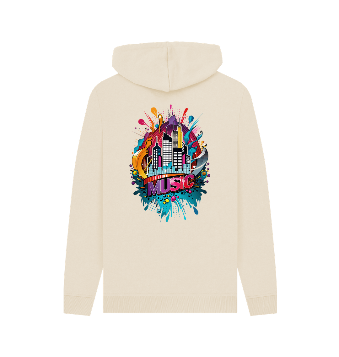 Cream hoodie with colorful "MUSIC" graphic