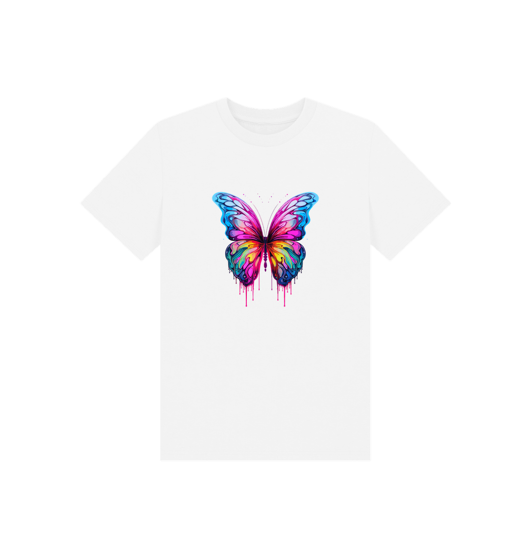 White t-shirt with colorful butterfly design