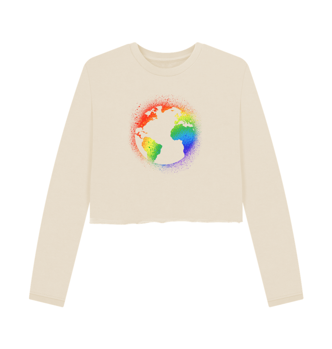 Cream-colored long-sleeve sweatshirt with rainbow globe design
