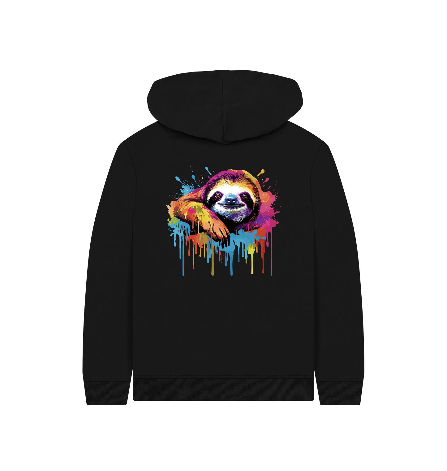 Black hoodie with colorful sloth graphic