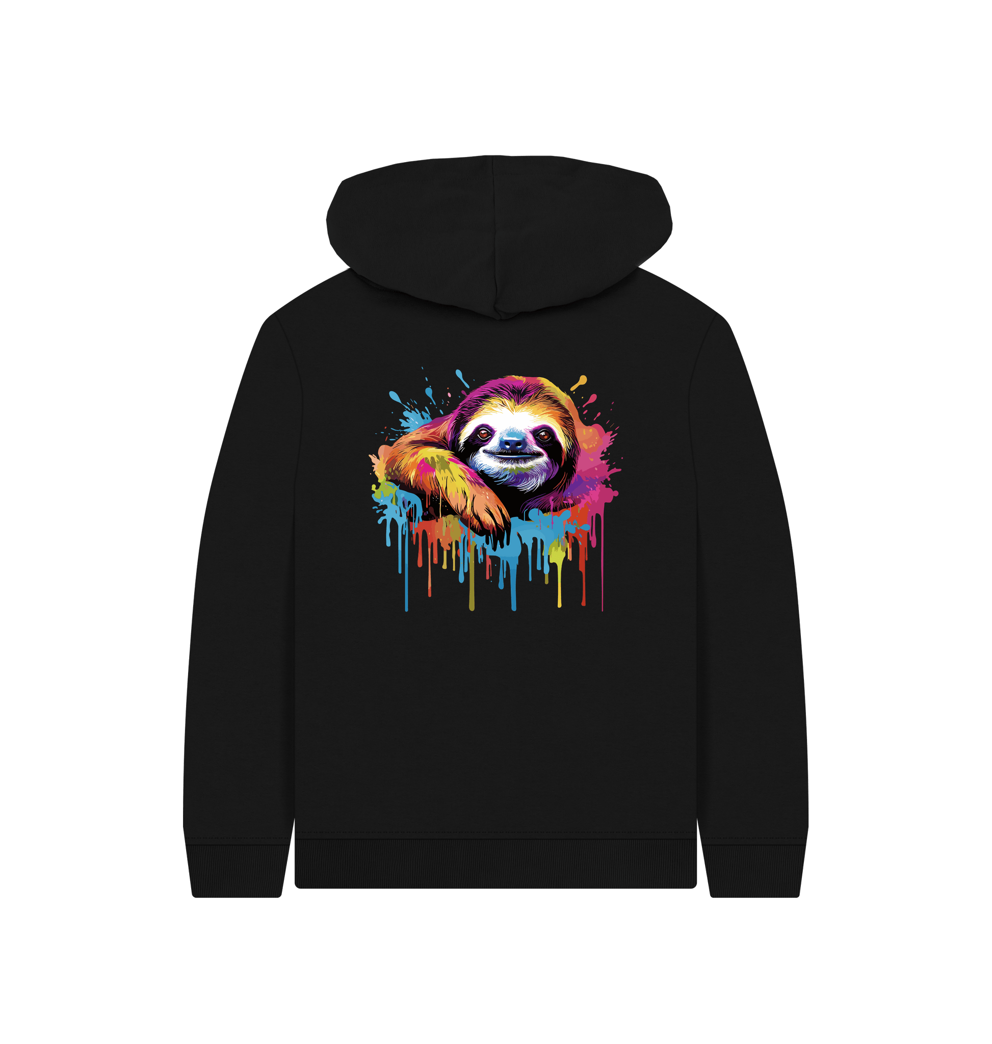 Black hoodie with colorful sloth graphic