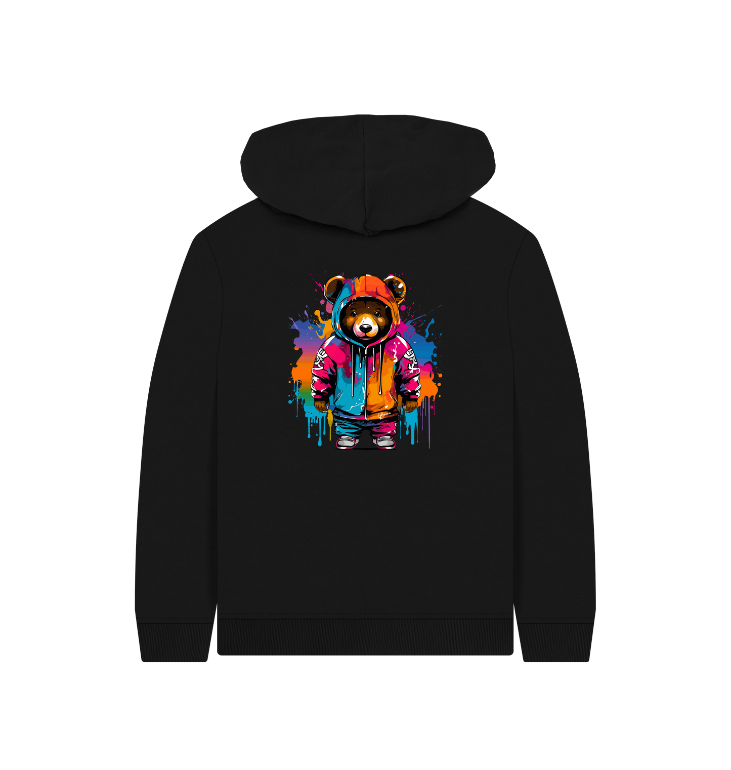 Black hoodie with colorful bear graphic