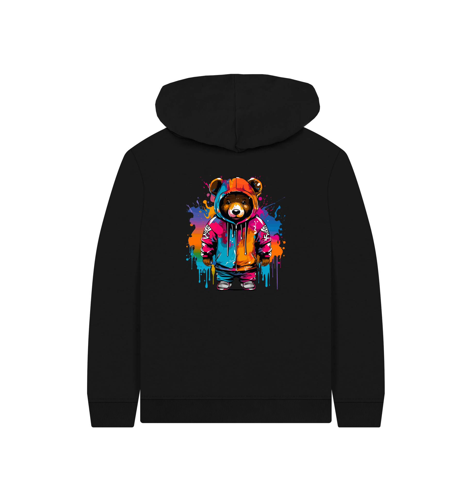 Black hoodie with colorful bear graphic