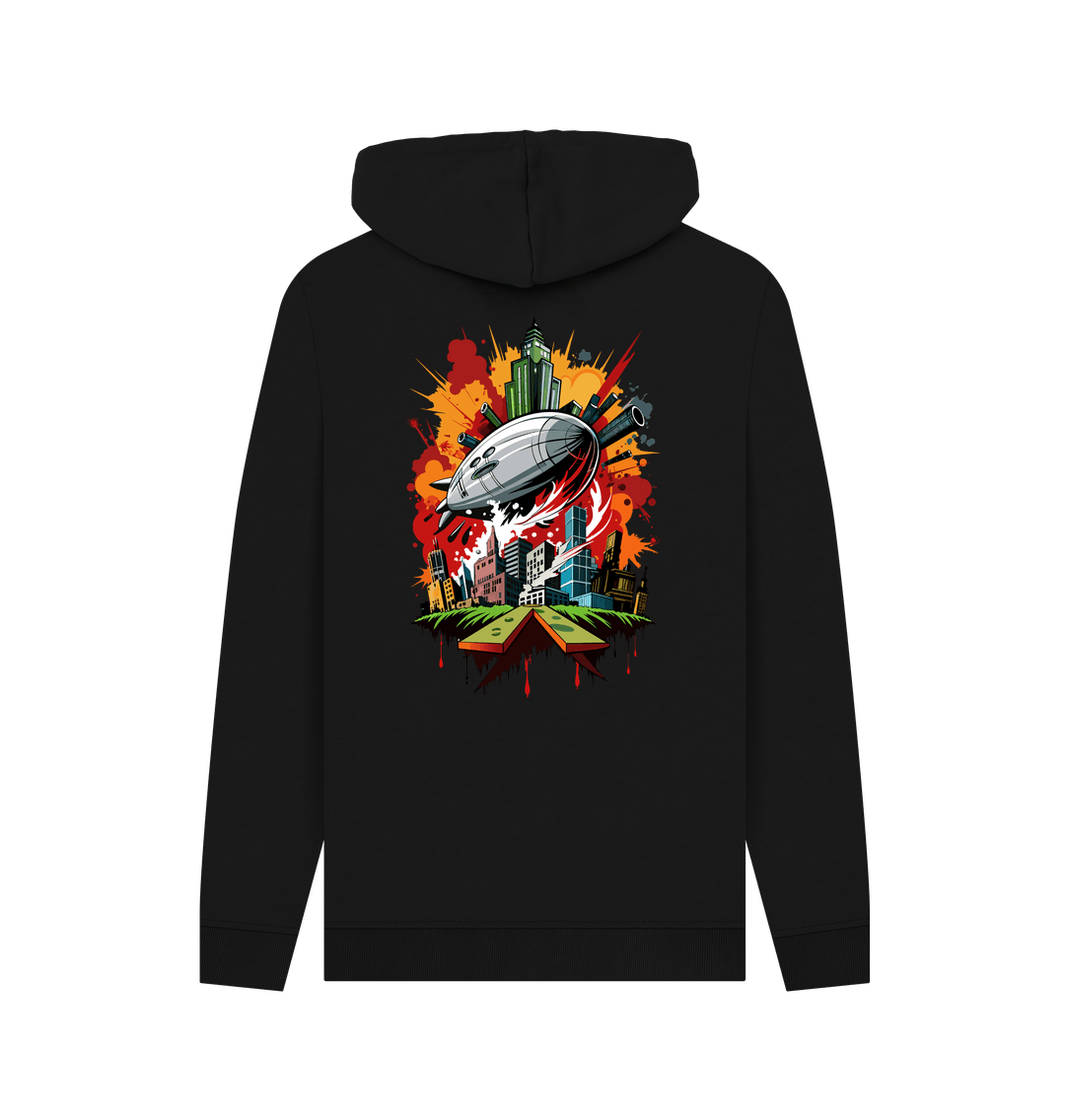 Black hoodie with colorful spaceship graphic