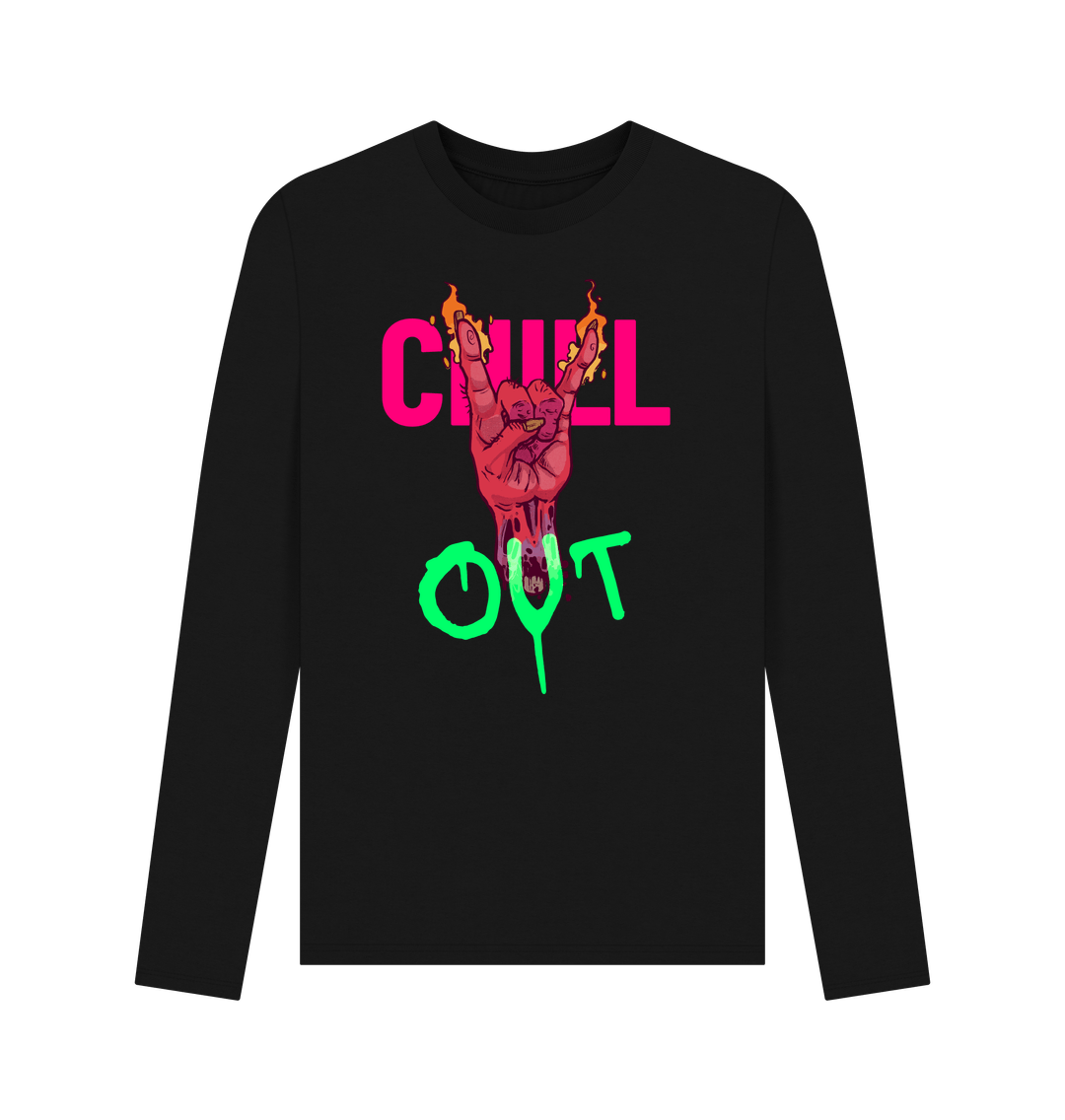 Black long-sleeve t-shirt with "CHILL OUT" text and flaming hand graphic