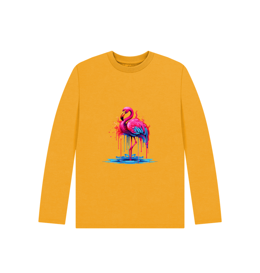 Yellow long-sleeved t-shirt with flamingo graphic