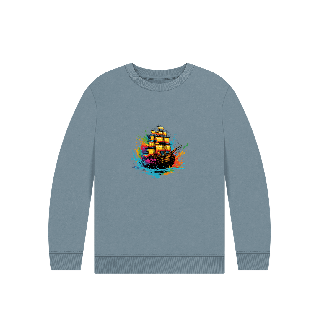 Gray sweatshirt with colorful ship design