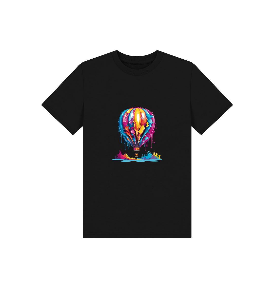 Black t-shirt with colorful hot air balloon graphic