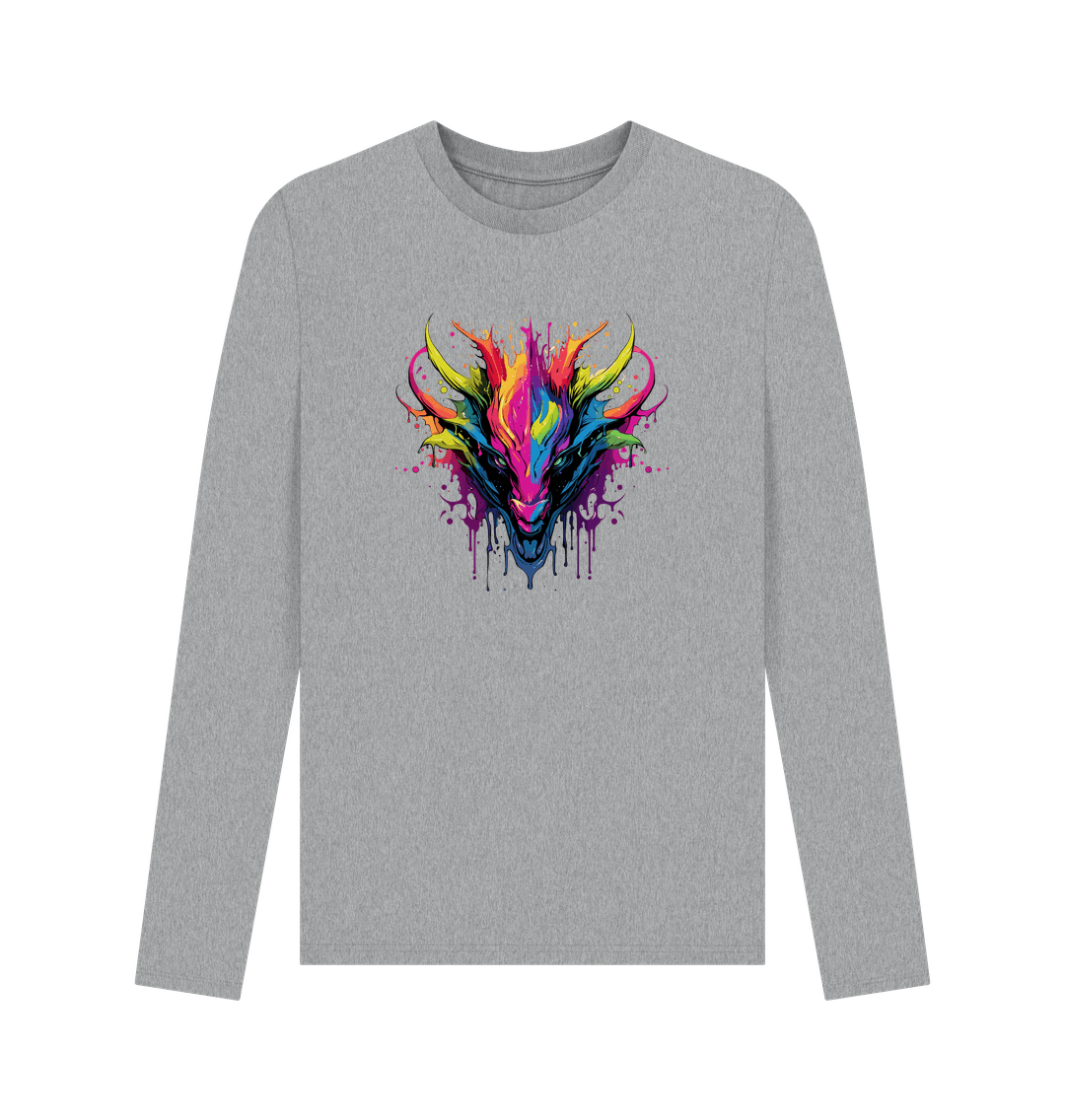Gray long-sleeved t-shirt with colorful dragon design