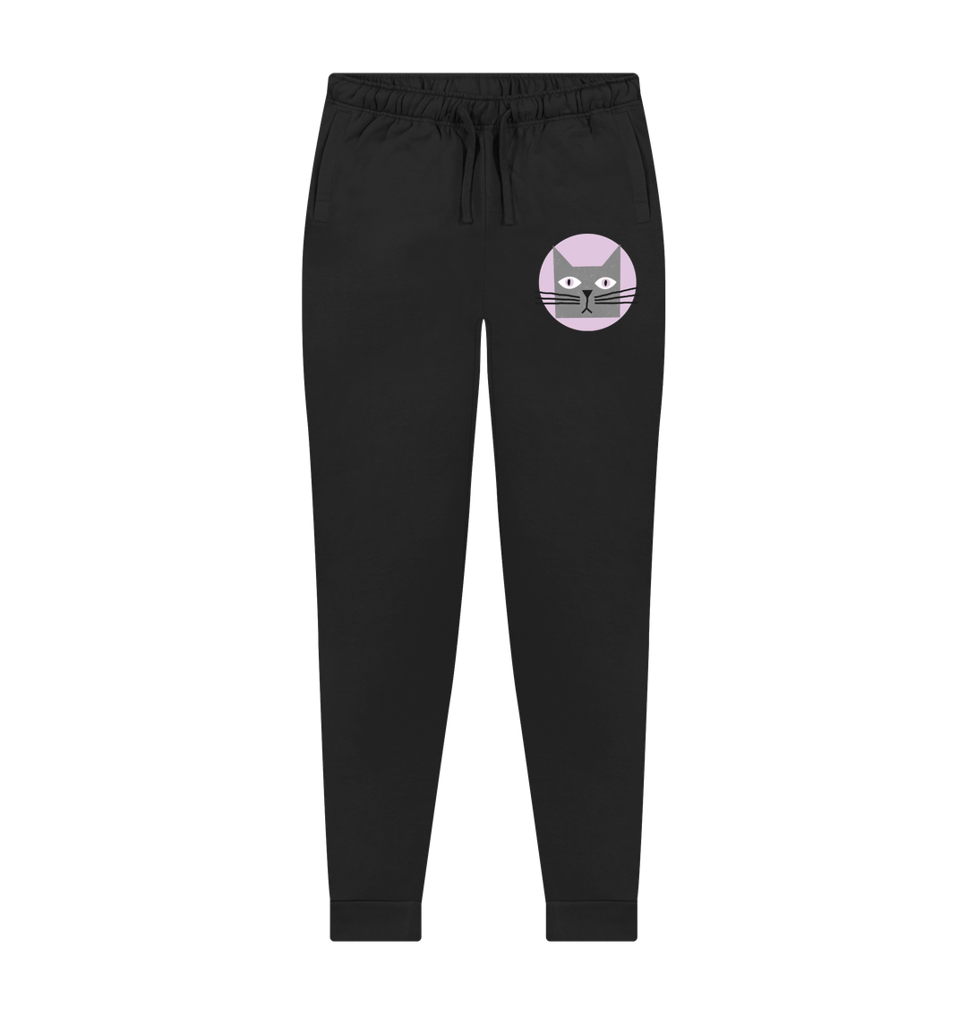 Black jogger pants with cat face design