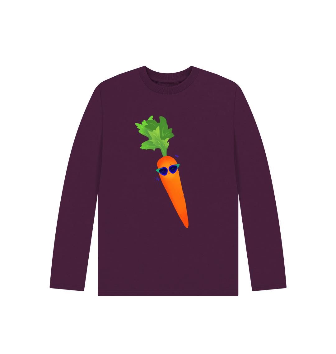 Purple long-sleeved shirt with carrot graphic