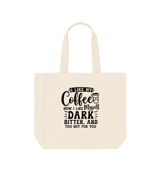Coffee-themed tote bag with text design