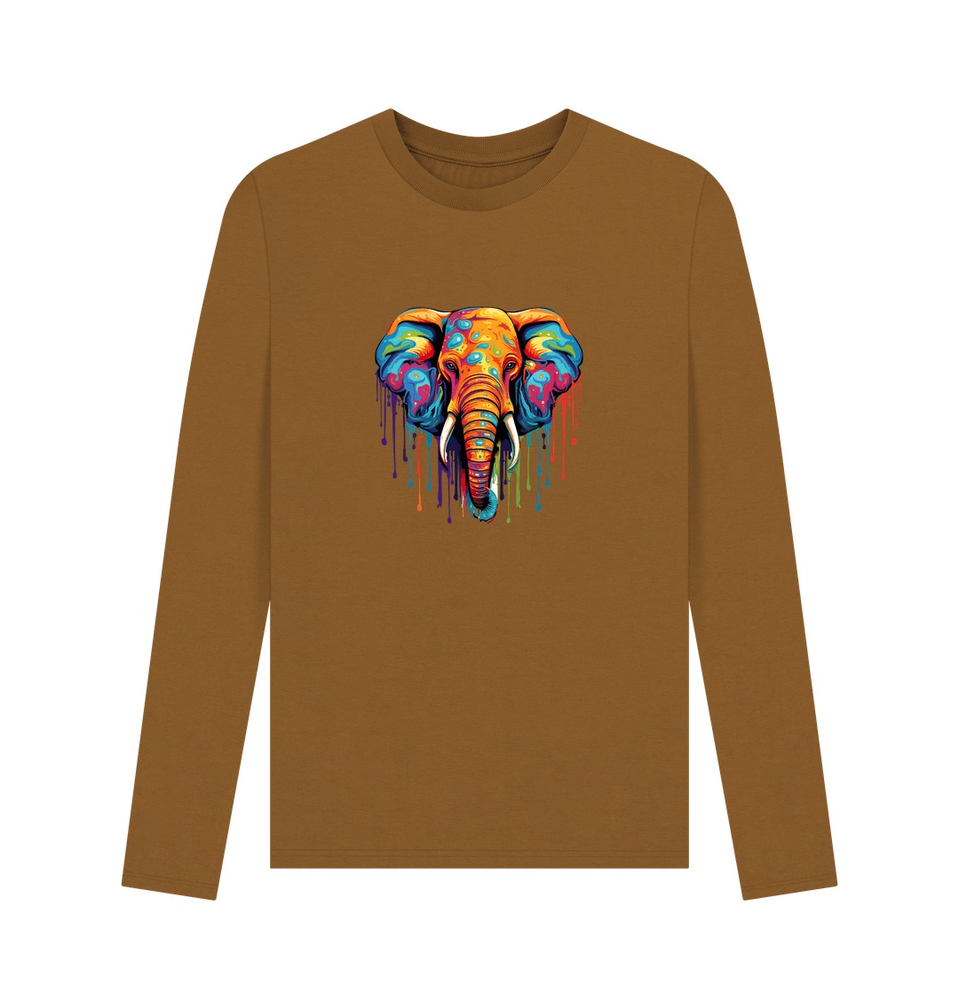 Brown long-sleeved t-shirt with colorful elephant graphic