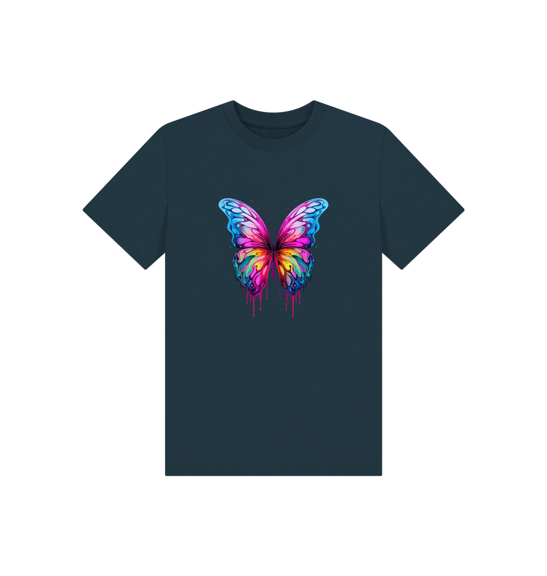 Dark blue t-shirt with colorful dripping butterfly design