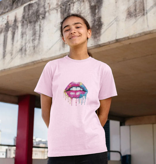 Pink t-shirt with dripping lips graphic (person)