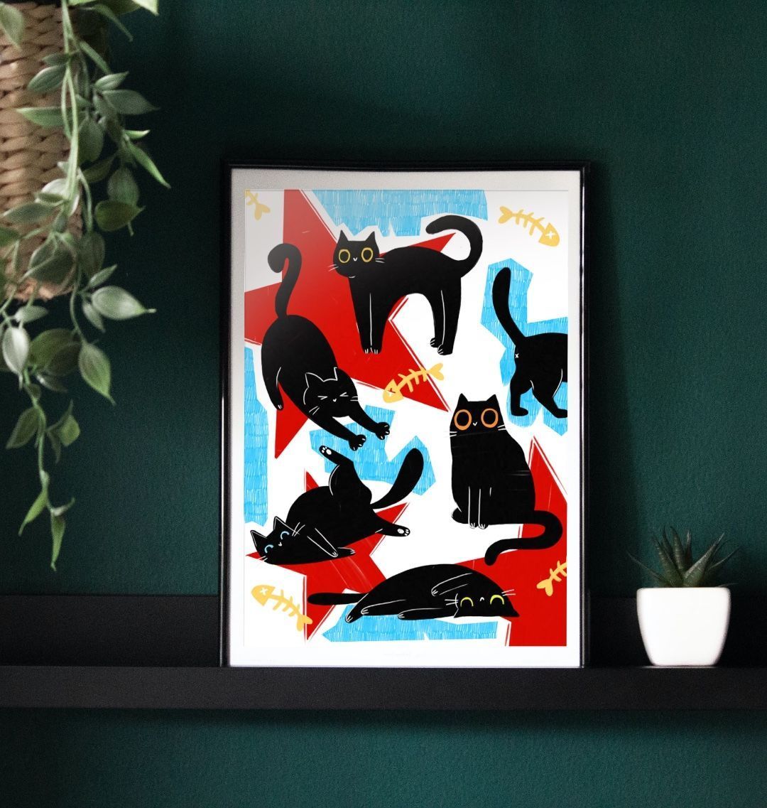 Framed illustration of black cats