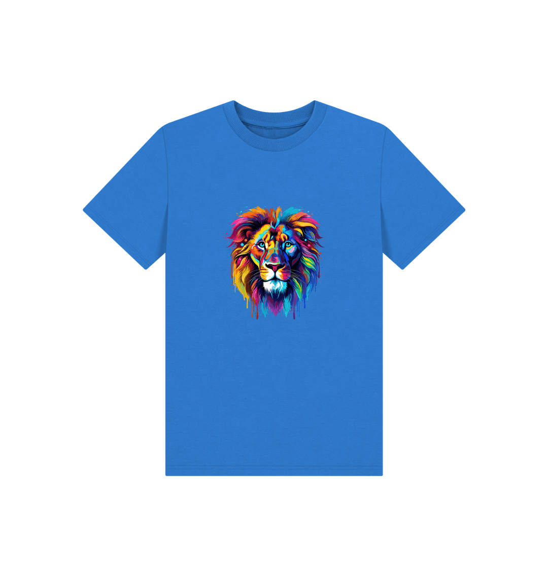 Blue t-shirt with colorful lion graphic