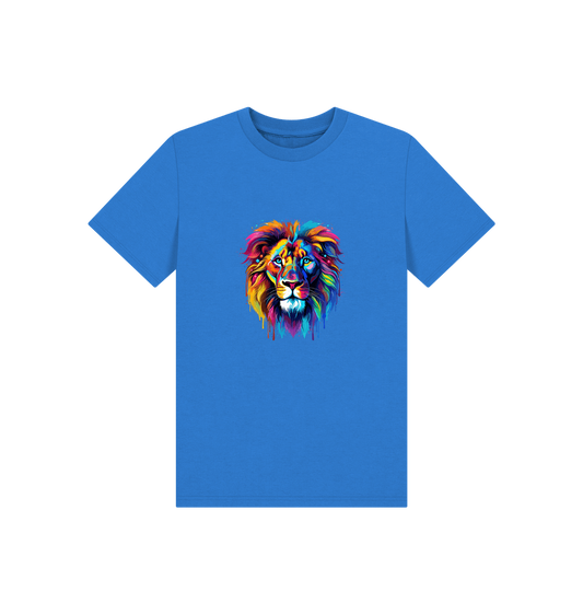 Blue t-shirt with colorful lion graphic