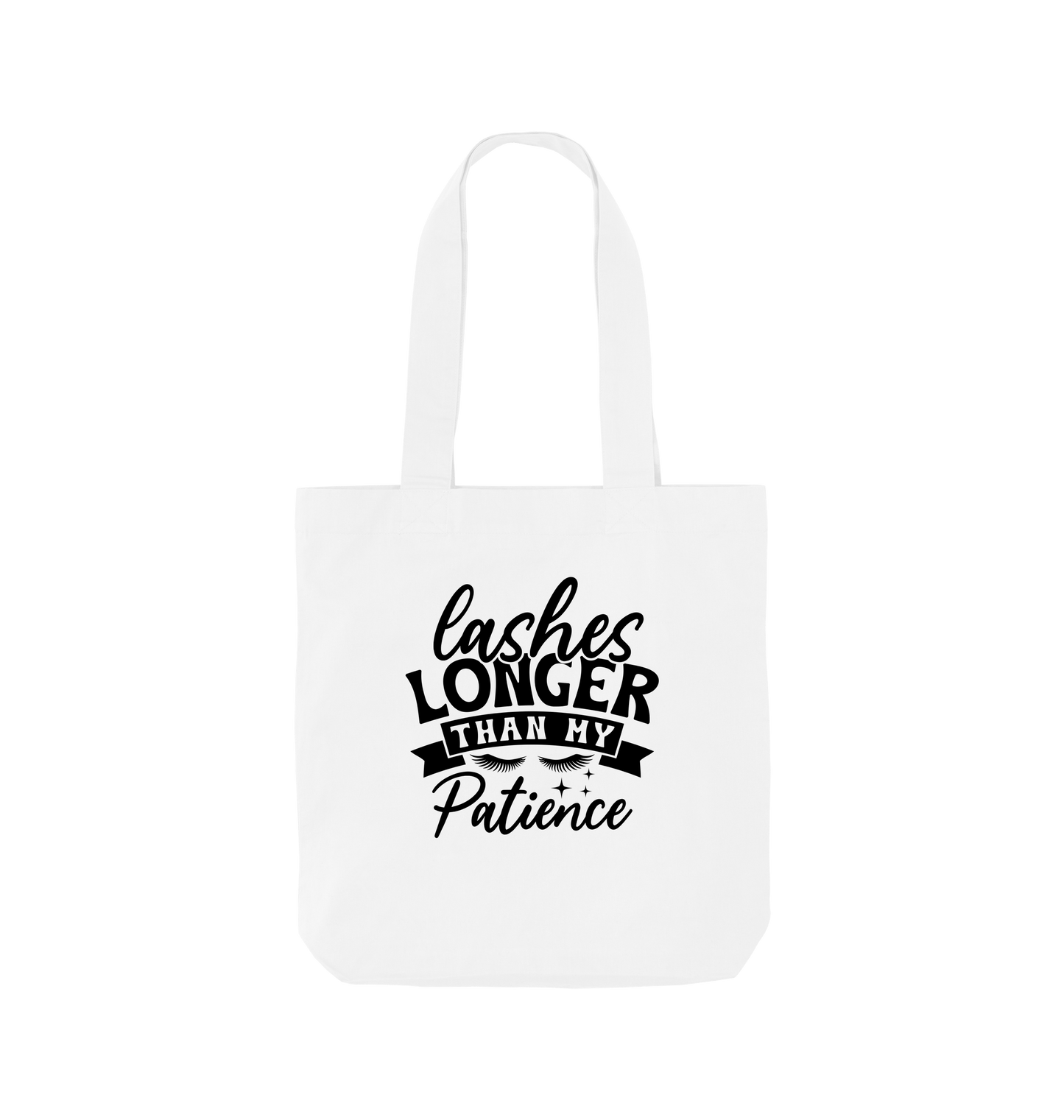 White tote bag with "Lashes Longer Than My Patience" text