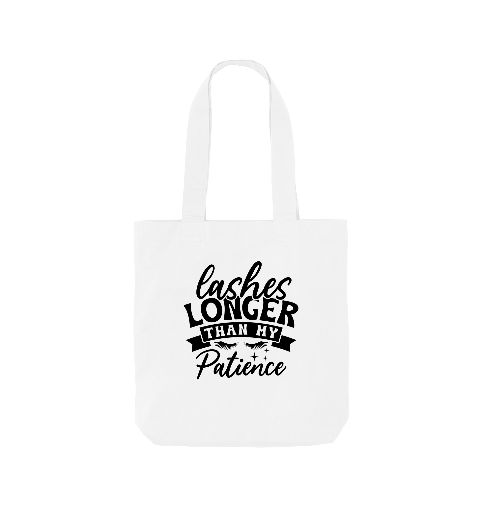White tote bag with "Lashes Longer Than My Patience" text