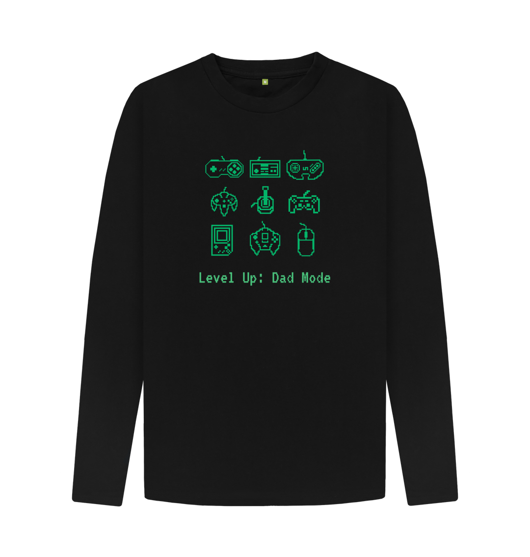 Black long-sleeved t-shirt with green gaming icons and text