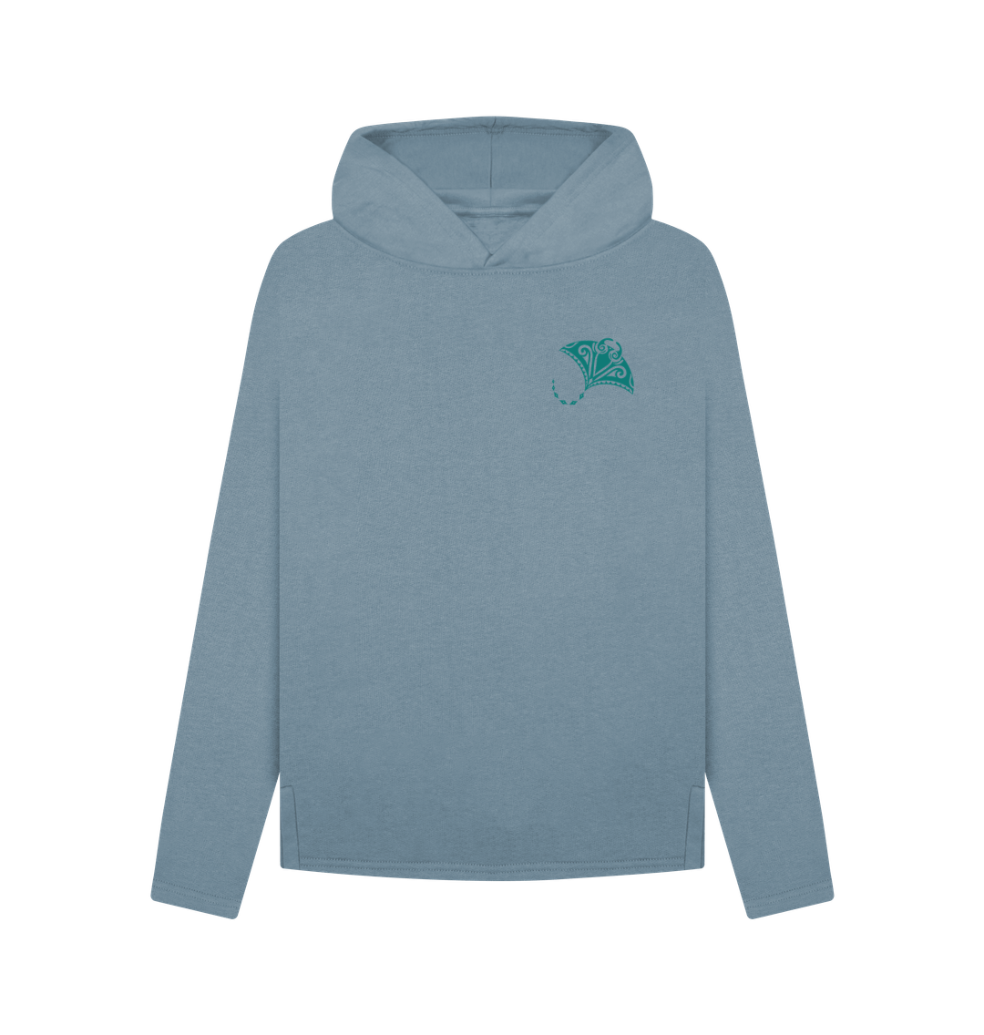 Light blue hoodie with small green logo