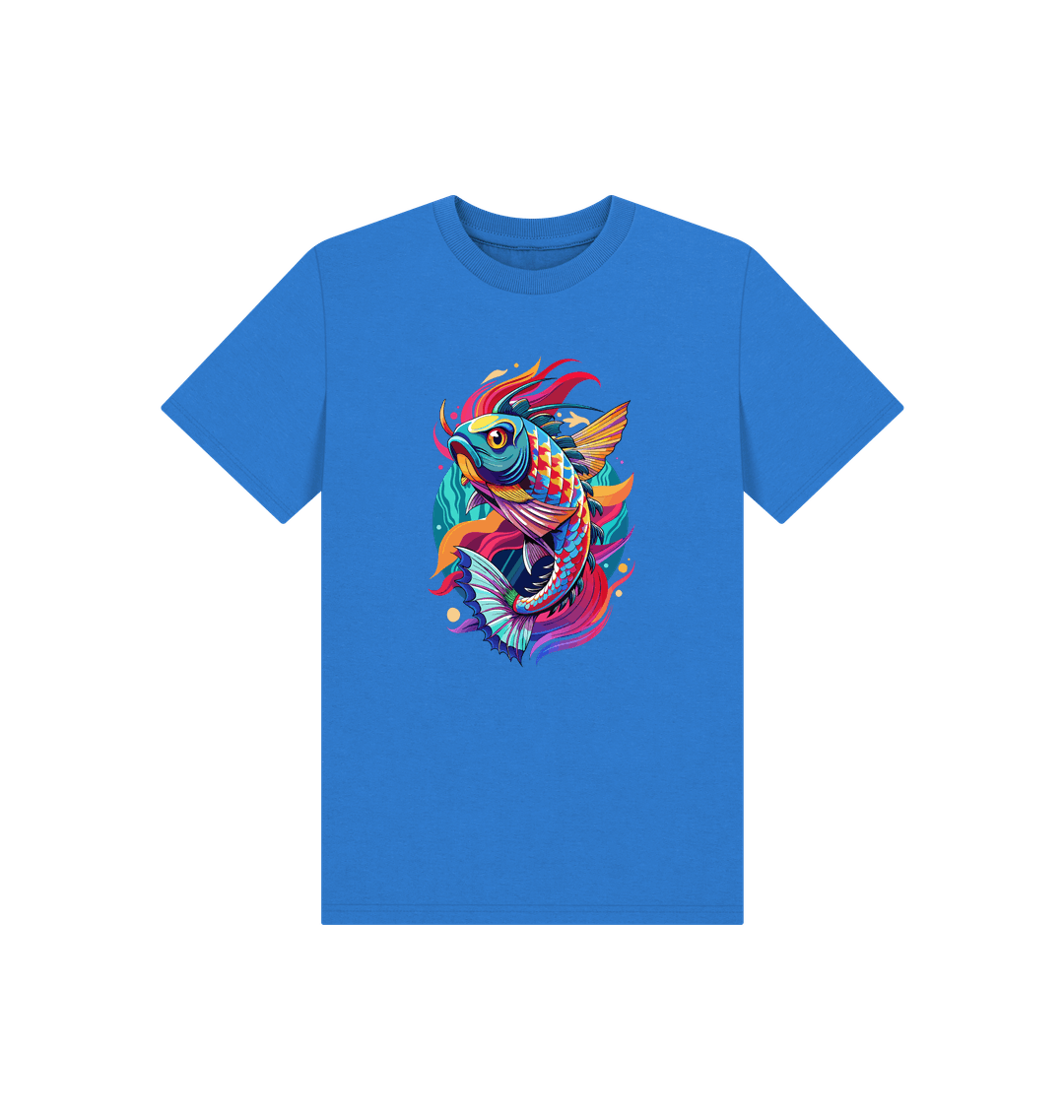 Blue t-shirt with colorful fish design