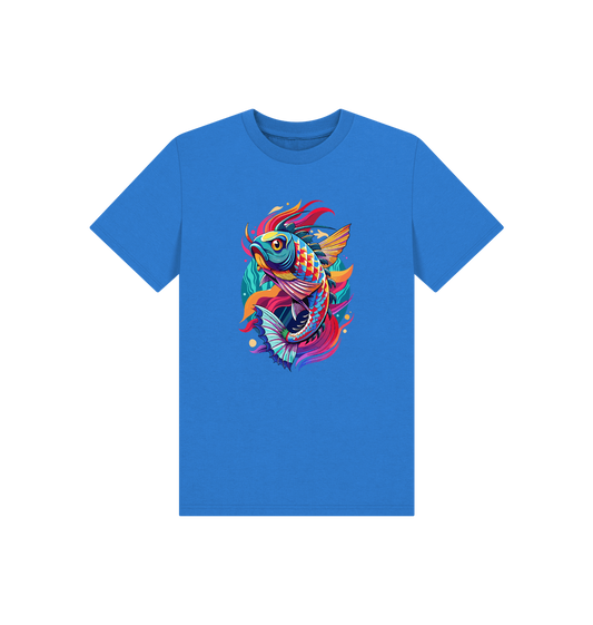 Blue t-shirt with colorful fish design