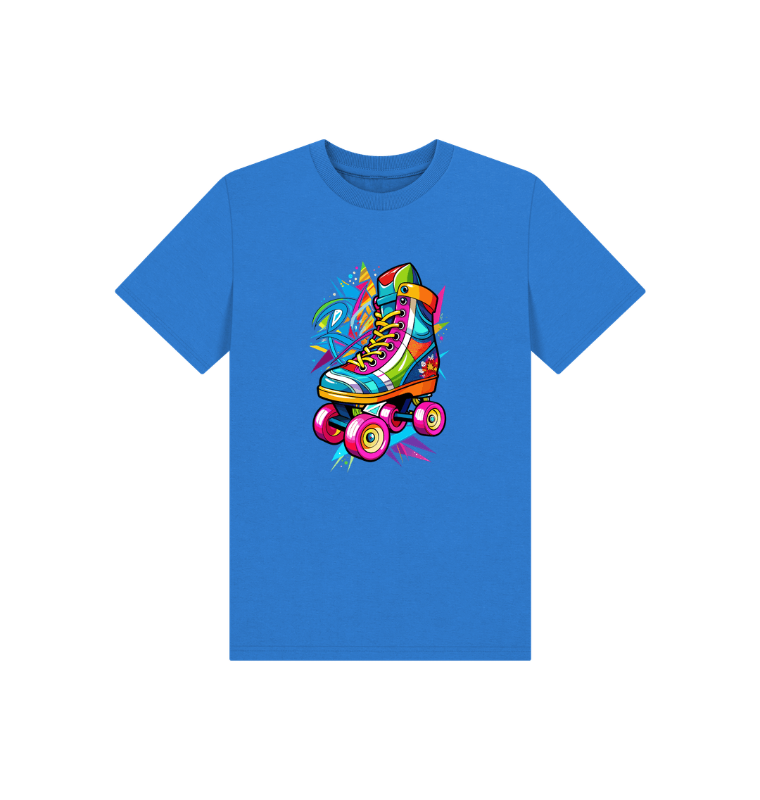 Blue t-shirt with colorful roller skate graphic