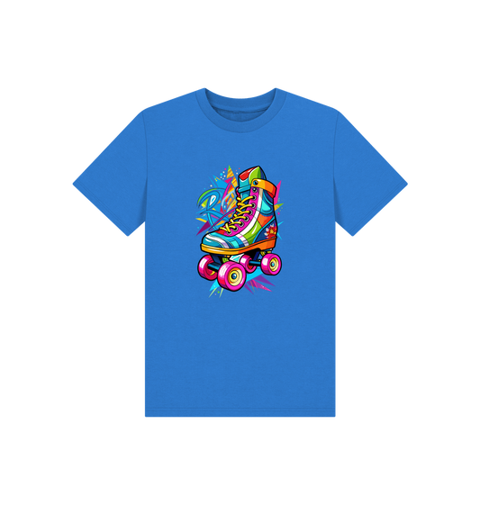 Blue t-shirt with colorful roller skate graphic