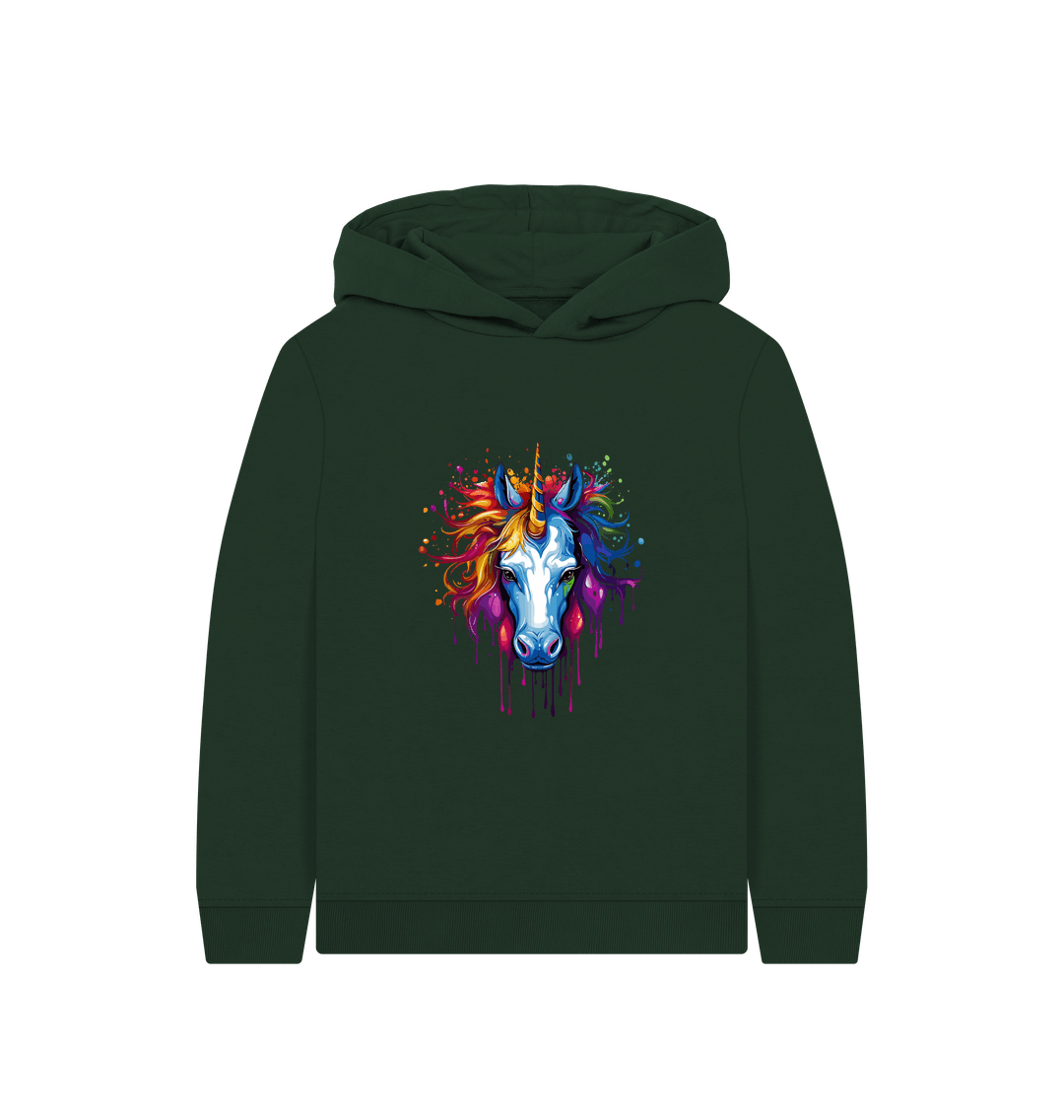 Dark green hoodie with colorful unicorn design