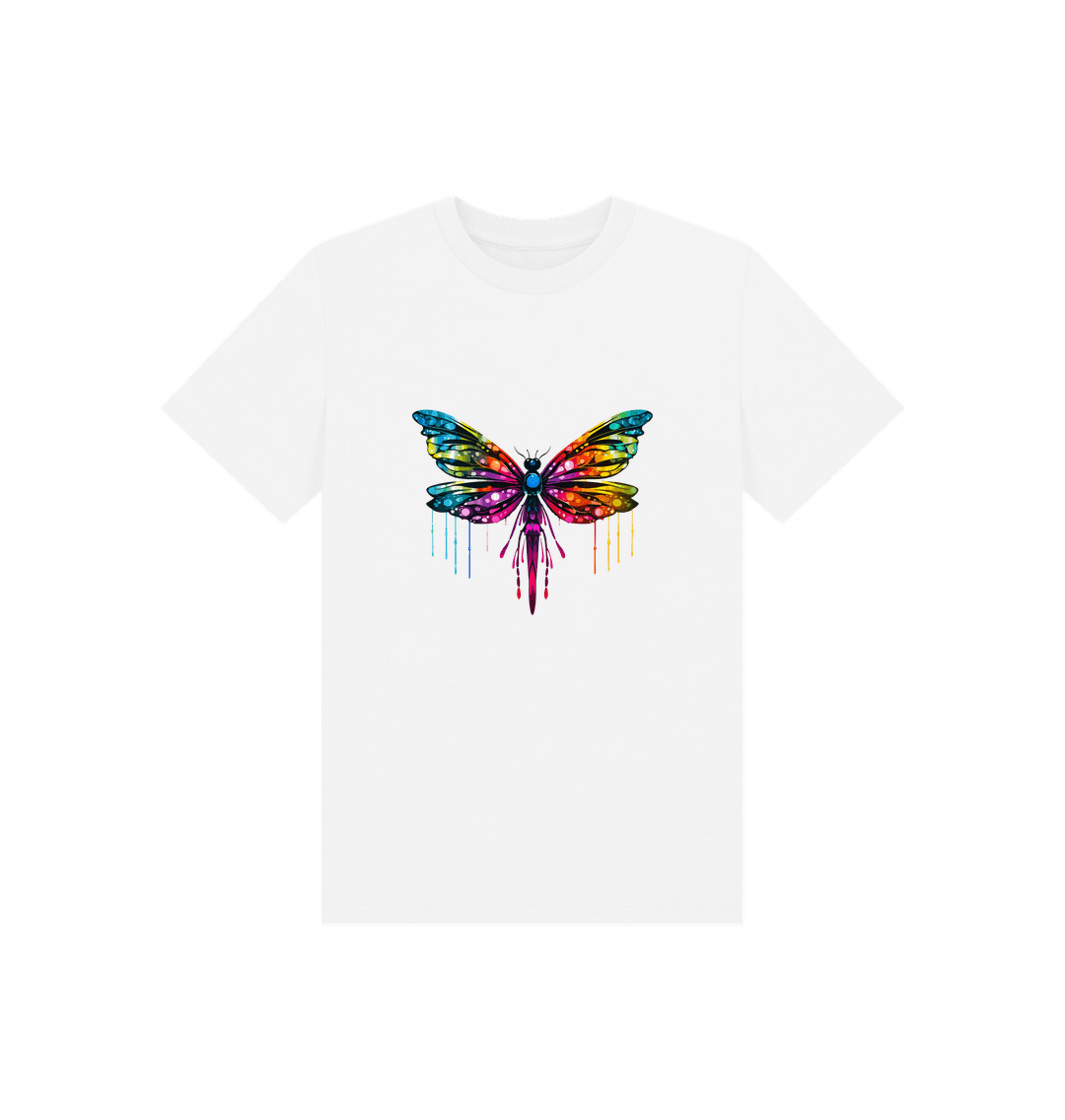 White t-shirt with colorful butterfly design