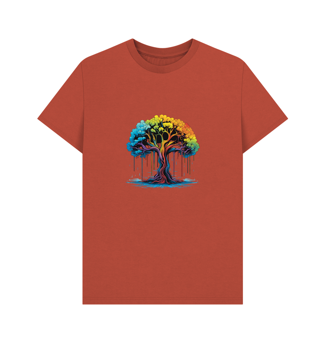 Orange t-shirt with colorful dripping tree design