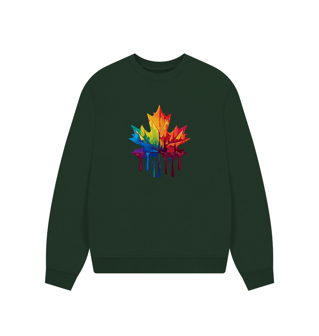 Dark green sweatshirt with colorful dripping leaf design