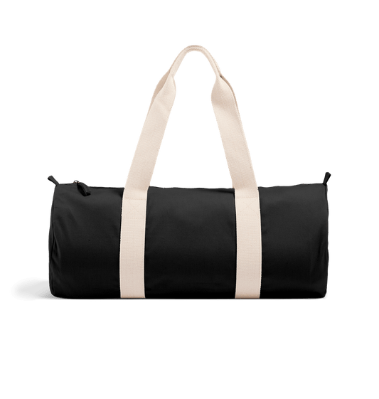 Black cylindrical duffel bag with white handles