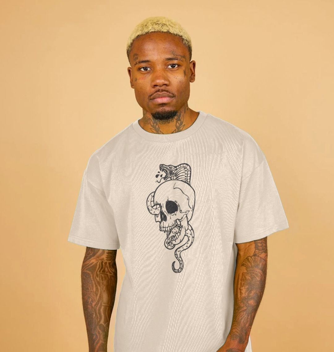 White t-shirt with skull and snake design (person)