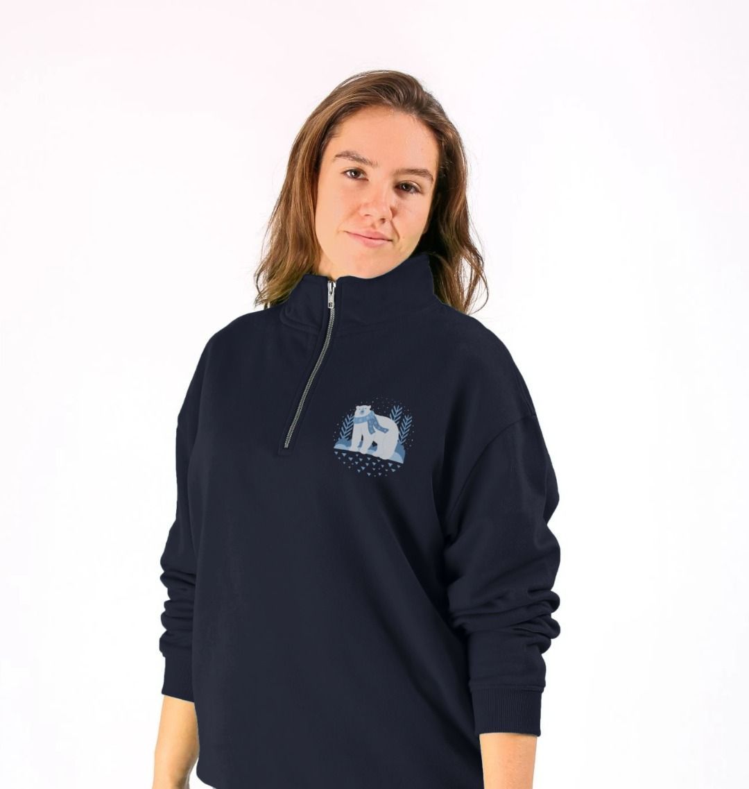 Navy blue quarter-zip sweatshirt with polar bear graphic (person)