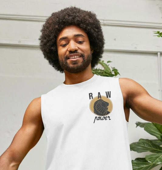 White sleeveless t-shirt with "RAW power" logo (person)
