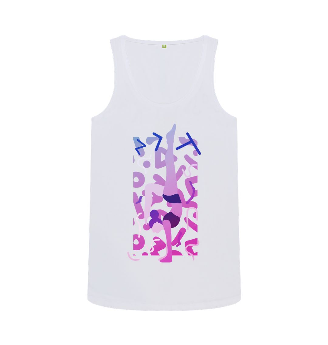 White tank top with abstract purple and pink design