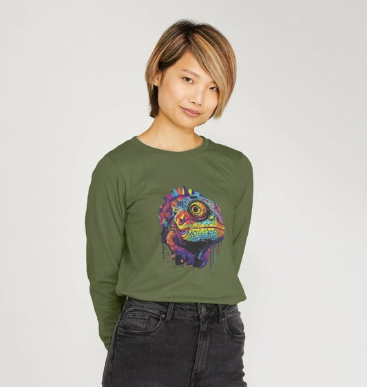 Green long-sleeve t-shirt with colorful lizard graphic (person)