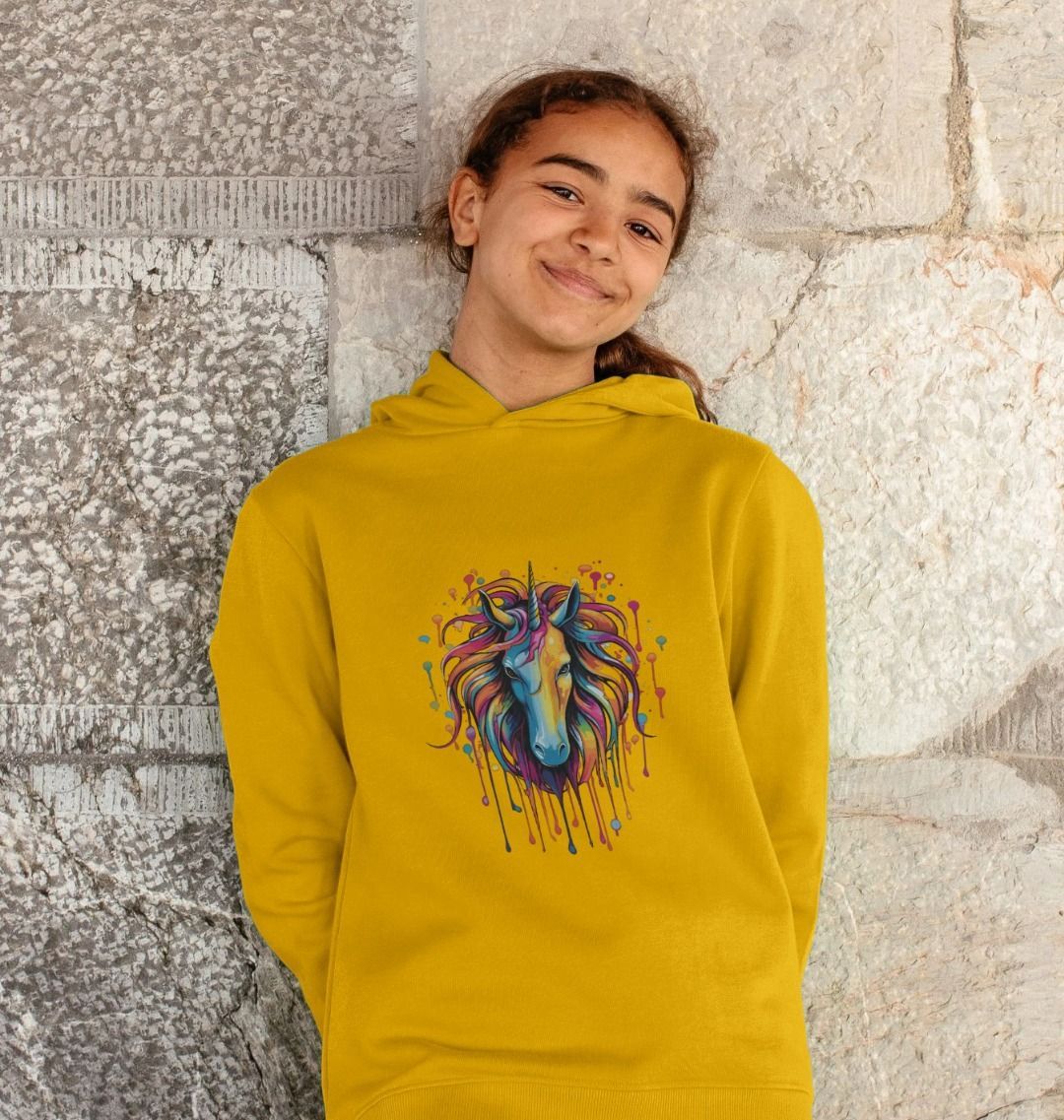 Yellow hoodie with colorful unicorn design (person)