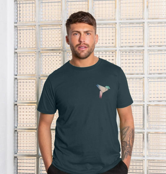 Dark green t-shirt with colorful origami bird design (person)